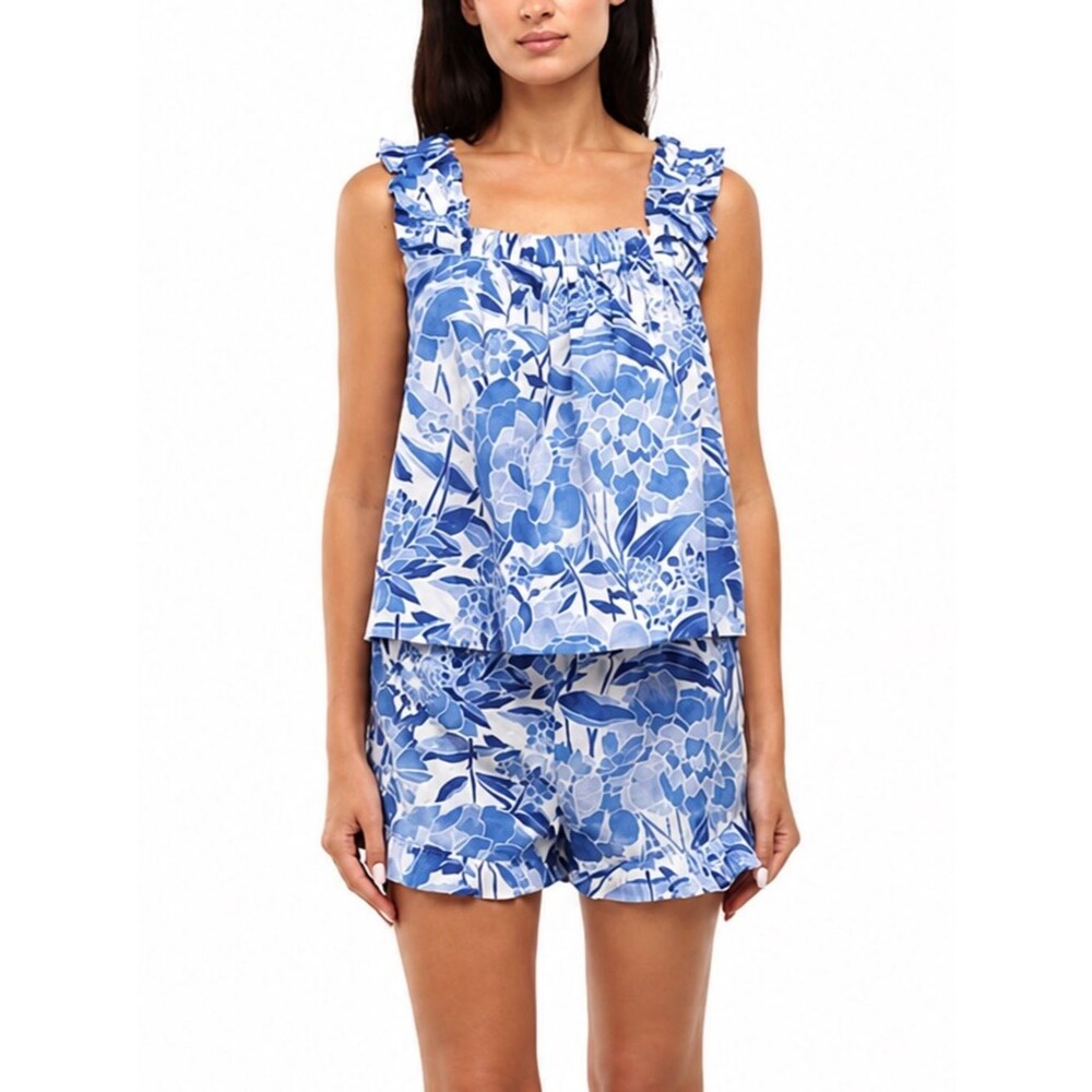 GAP 2 Pc Pajama Set Sz Medium Blue Floral 100% Cotton Ruffle Sleep Shorts Lounge